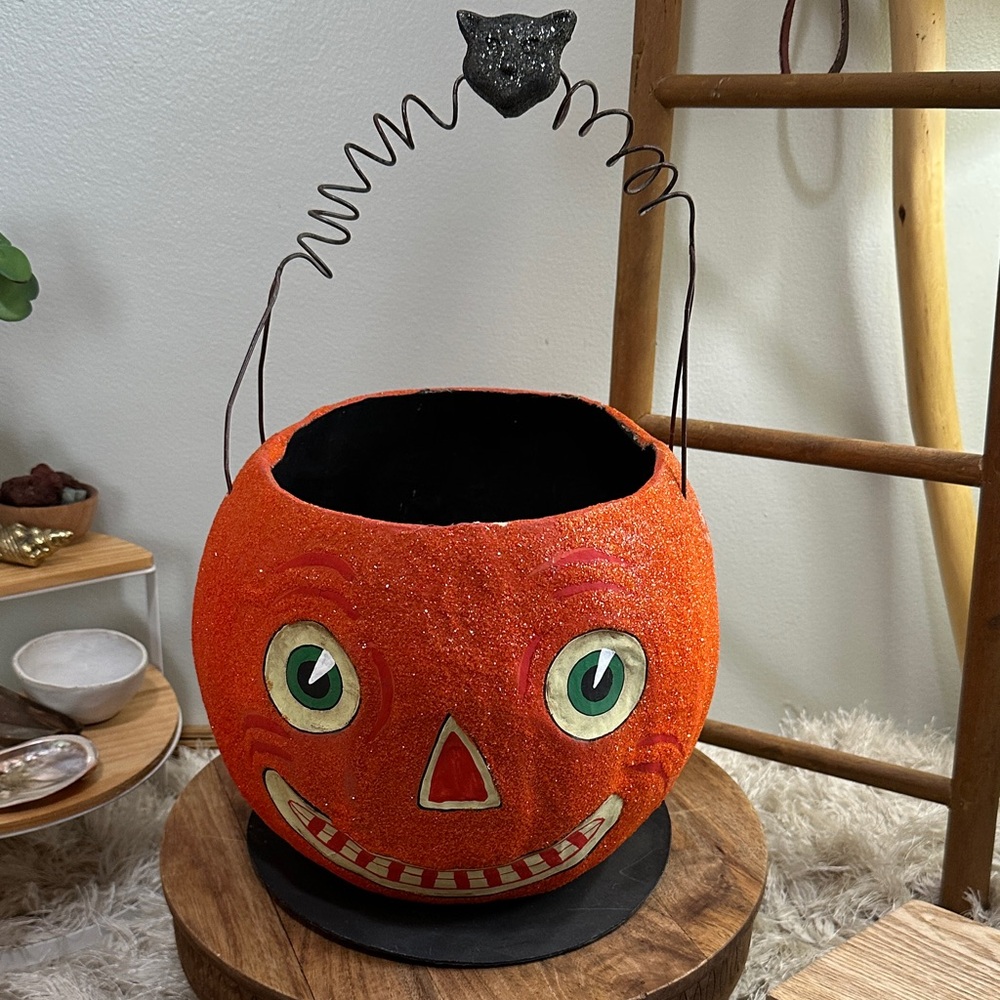 Department 56 Vintage Style Paper Mache Glitter Pumpkin Halloween Basket‎ *As Is